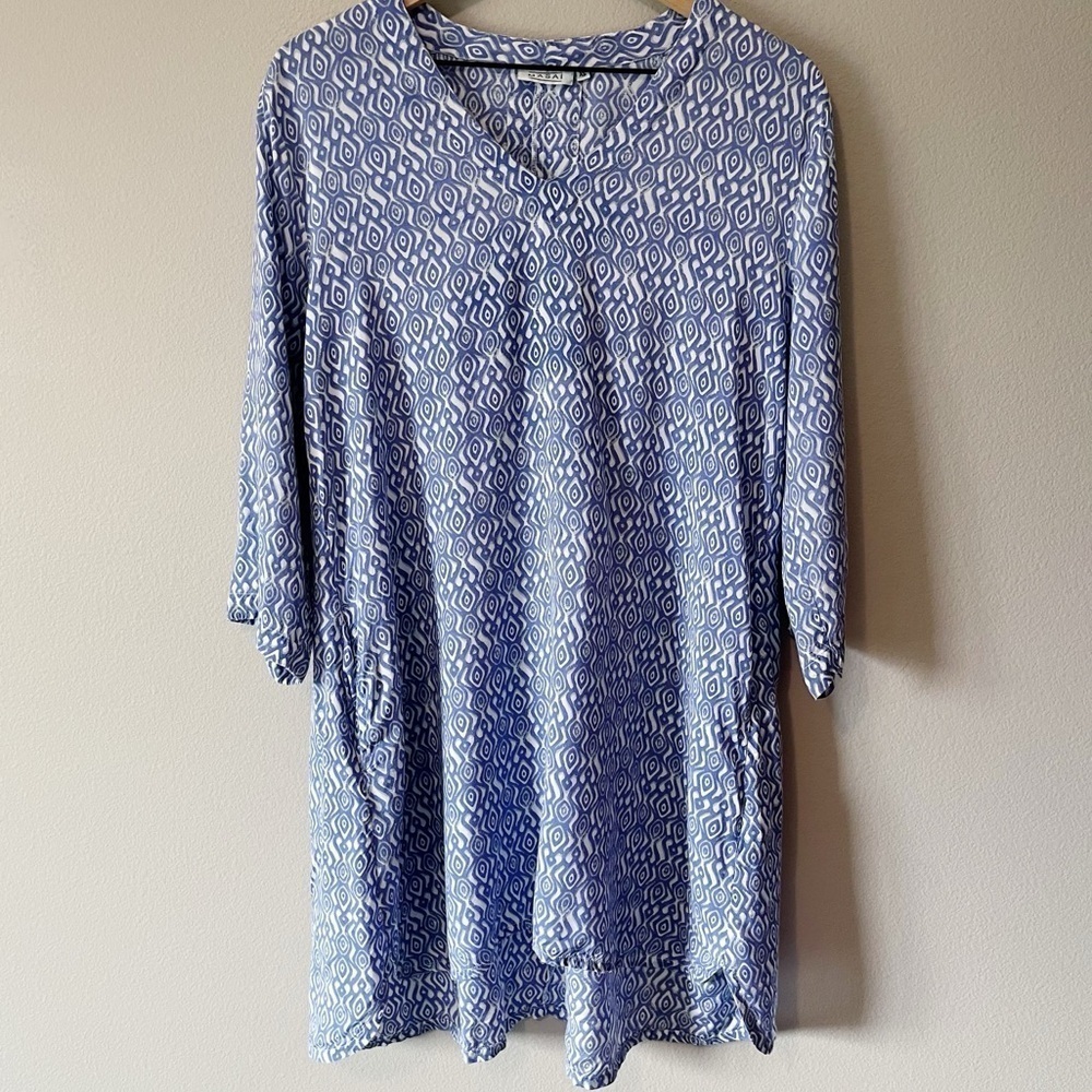Masai Size XS Periwinkle Blue 3/4 Sleeve Tunic Top Ikat Diamond Print Lagenlook